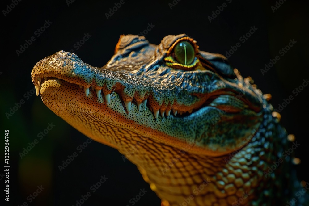 Mystic portrait of Saltwater Crocodile, copy space on right side, Close-up View, isolated on black background Mystic portrait of Saltwater Crocodile, copy space on right side, Close-up View, isolated on black background