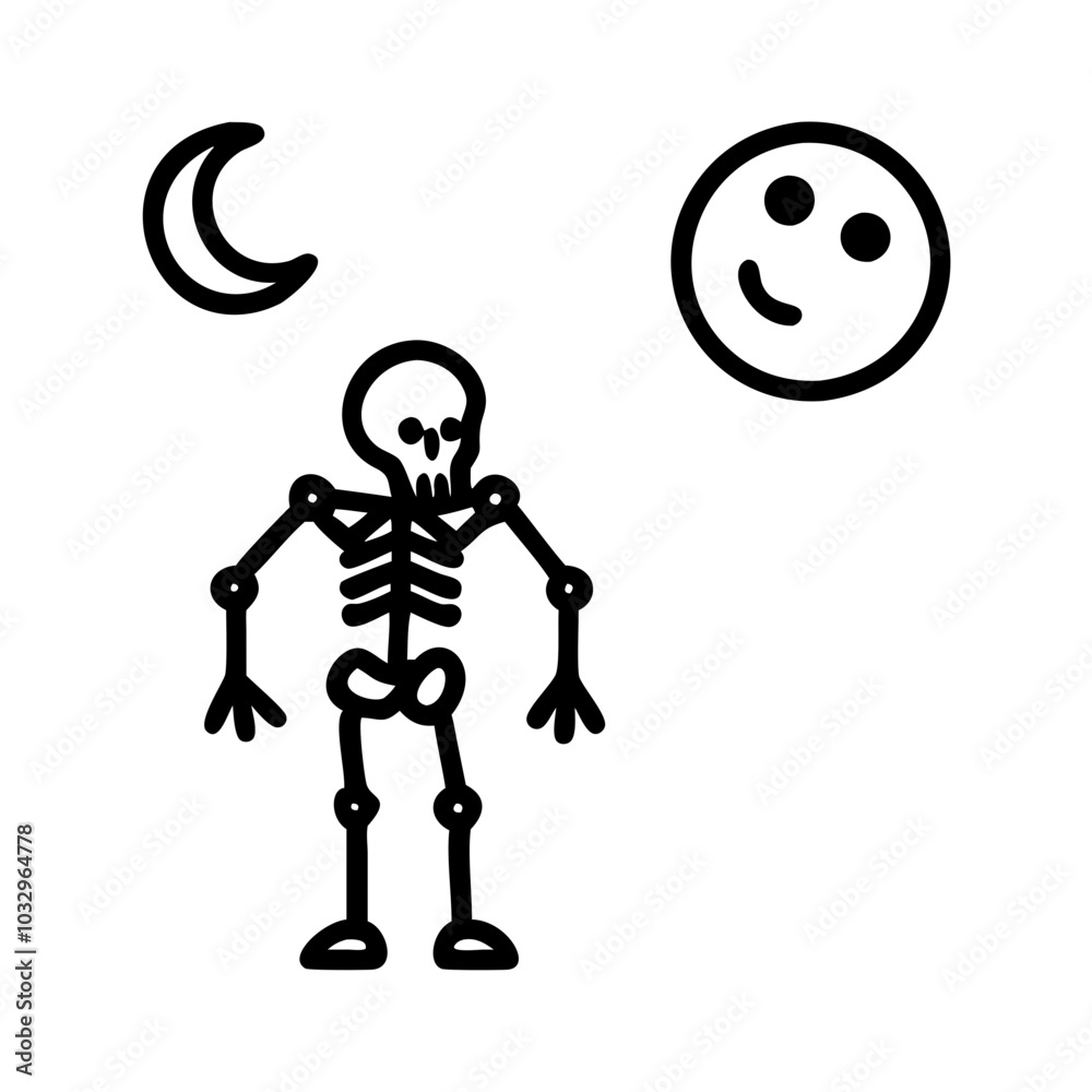 Black outline icon of a skeleton with a simple, stylized design, featuring a skull, ribcage, and bone structure, designed without a background, perfect for representing Halloween themes, spooky. Black outline icon of a skeleton with a simple, stylized design, featuring a skull, ribcage, and bone structure, designed without a background, perfect for representing Halloween themes, spooky.