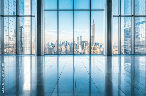 This abstract view of a city skyline, featuring sleek glass high rises illuminated by sky colors, evokes a sense of modernity and urban progress