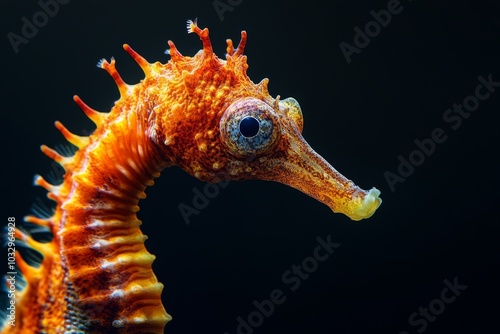 Mystic portrait of Spiny Seahorse, copy space on right side, Close-up View, isolated on black background photo