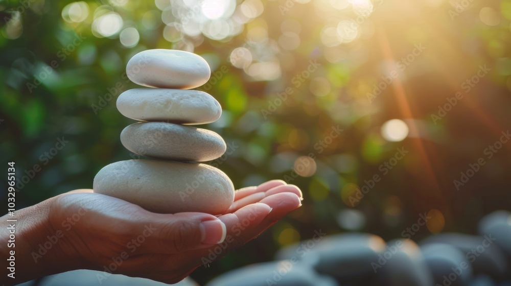 Obraz premium Enjoying Life Concept. Harmony and Positive Mind. Hand Setting White Natural Stone Stack to Balance. Balancing Body, Mind, Soul and Spirit. Mental Health Practice