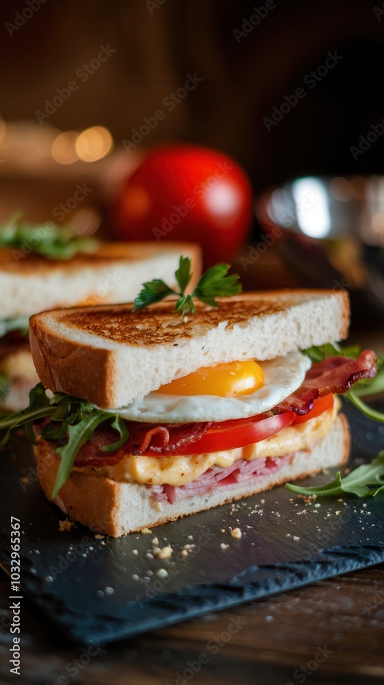 Two Bacon and Egg Sandwiches on Slate Surface Two Bacon and Egg Sandwiches on Slate Surface