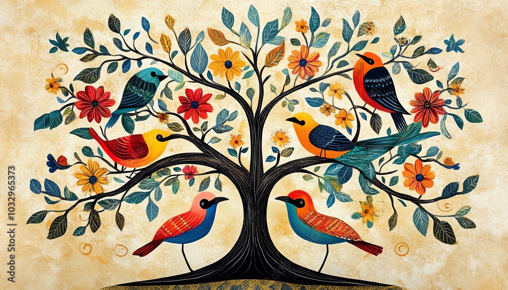 Brightly colored Gond folk art illustration of birds in a flourishing tree, highlighting the intricate detailing and cultural motifs against a textured background Brightly colored Gond folk art illustration of birds in a flourishing tree, highlighting the intricate detailing and cultural motifs against a textured background