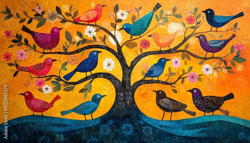 Brightly colored Gond folk art illustration of birds in a flourishing tree, highlighting the intricate detailing and cultural motifs against a textured background