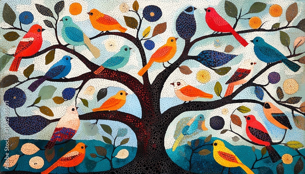 Colorful Gond folk art showcasing a harmonious scene of birds in a tree, with vivid patterns and textures that celebrate Indian cultural heritage Colorful Gond folk art showcasing a harmonious scene of birds in a tree, with vivid patterns and textures that celebrate Indian cultural heritage