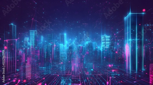 A Futuristic Cityscape with Neon Lights and Digital Connections