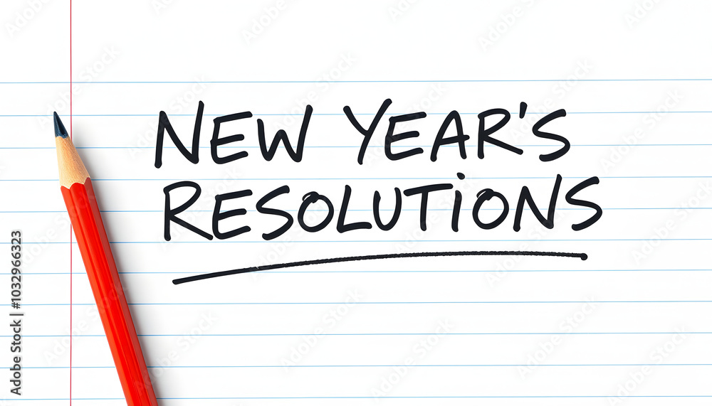 Pencil on lined note sheet paper with handwritten NEW YEAR'S RESOLUTIONS - concept of making decision to change or improve life in the next coming year isolated with white highlights, png Pencil on lined note sheet paper with handwritten NEW YEAR'S RESOLUTIONS - concept of making decision to change or improve life in the next coming year isolated with white highlights, png