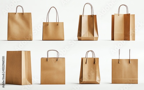 Versatile set of paper shopping bags, isolated on a white background, featuring different shapes and sizes for mockup designs related to shopping delivery photo