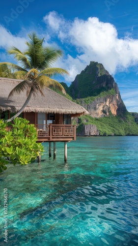 Tropical Resort with Thatched Huts and Volcanic Rock Formations