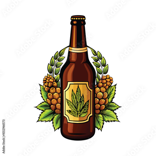 Vector illustration of a brown beer bottle with a green hop leaf on the label, surrounded by hop vines.