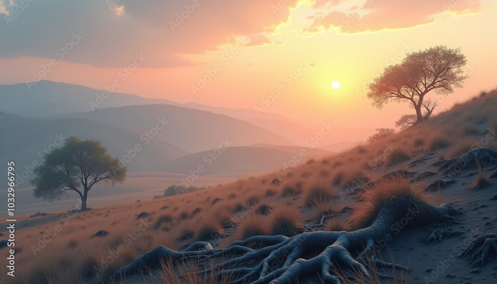 Obraz premium Sunset Over Snowy Hills and Lone Tree in Winter