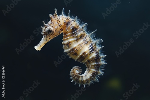 the beside view Big-belly Seahorse, left side view, white copy space on right, Isolated on dark Background photo