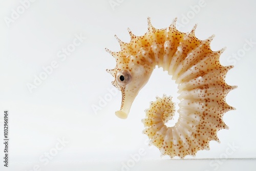 the beside view Big-belly Seahorse, left side view, white copy space on right, Isolated on White Background photo