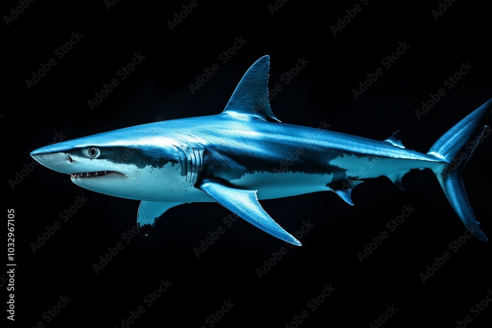 the beside view Blue Shark, left side view, white copy space on right, Isolated on dark Background the beside view Blue Shark, left side view, white copy space on right, Isolated on dark Background