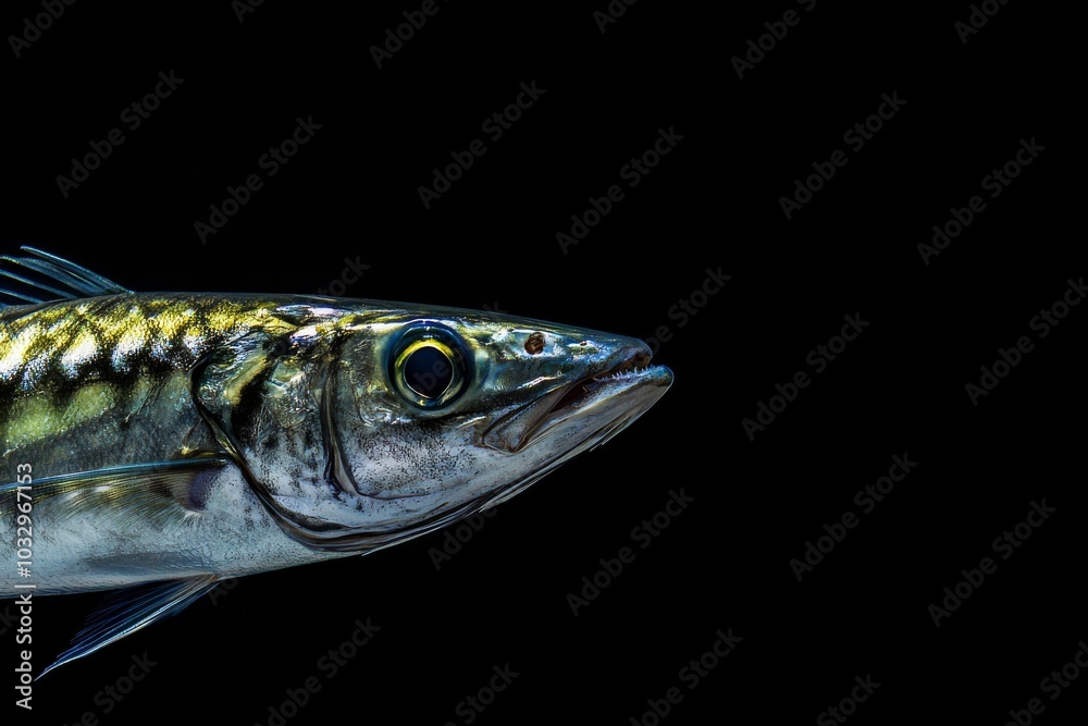the beside view Cero Mackerel, left side view, white copy space on right, Isolated on dark Background the beside view Cero Mackerel, left side view, white copy space on right, Isolated on dark Background