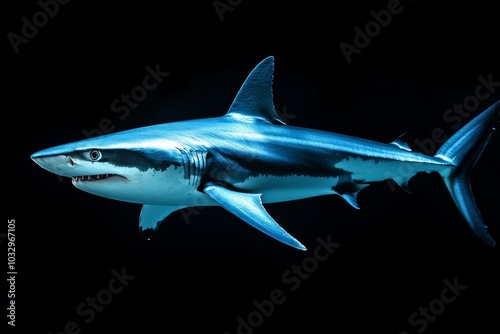 the beside view Blue Shark, left side view, white copy space on right, Isolated on dark Background photo