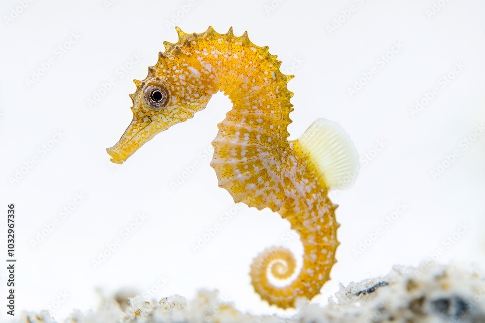 Fototapeta premium the beside view Common Seahorse, left side view, white copy space on right, Isolated on White Background