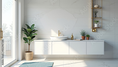Modern Kitchen with White Cabinets and Greenery