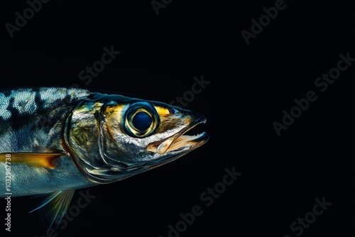 the beside view Japanese Spanish Mackerel, left side view, white copy space on right, Isolated on dark Background photo