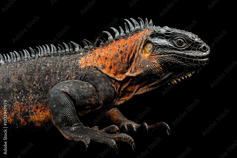 Fototapeta premium the beside view Marine Iguana, left side view, white copy space on right, Isolated on dark Background