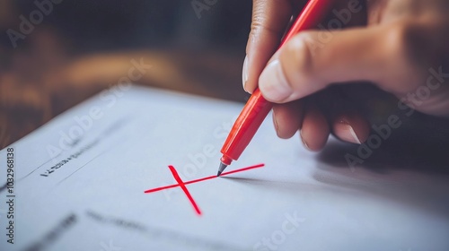 Close-up of a hand writing a red marker error on a document.