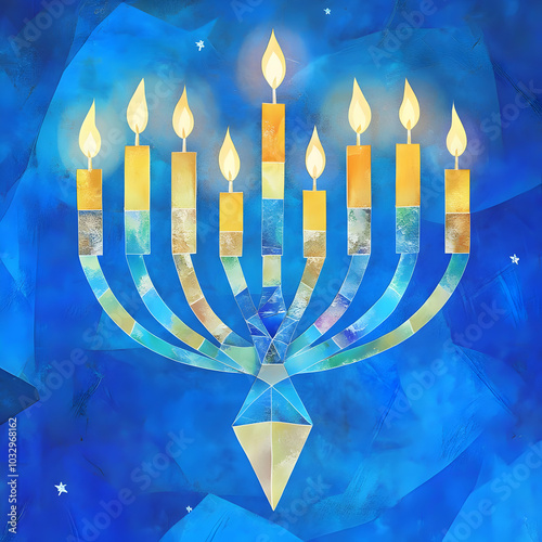 A stylized menorah with candles, set against a blue background, symbolizing Hanukkah.
