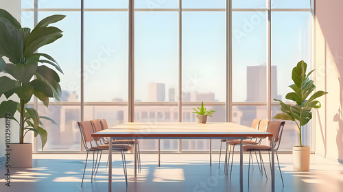 A bright, modern conference room with a large table and plants, ideal for meetings.