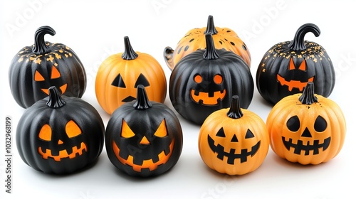 Set of solitary Halloween pumpkins on a white backdrop. Jack o' Lantern pumpkins with eerie expressions. Collection of Halloween pumpkins.