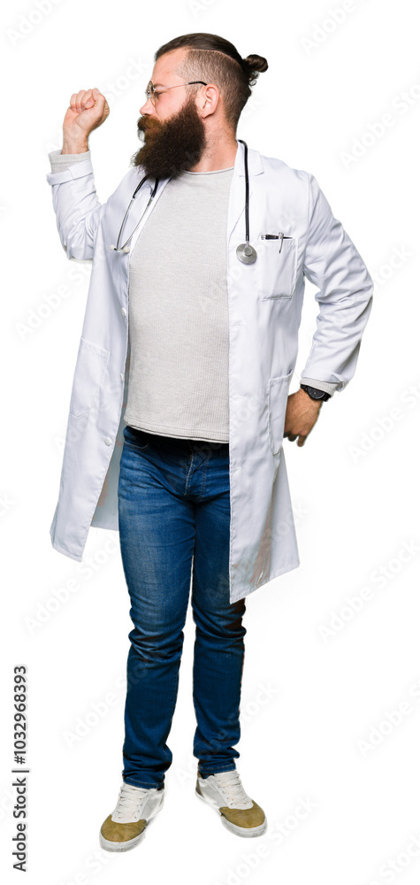 Young blond doctor man with beard wearing medical coat stretching back, tired and relaxed, sleepy and yawning for early morning Young blond doctor man with beard wearing medical coat stretching back, tired and relaxed, sleepy and yawning for early morning
