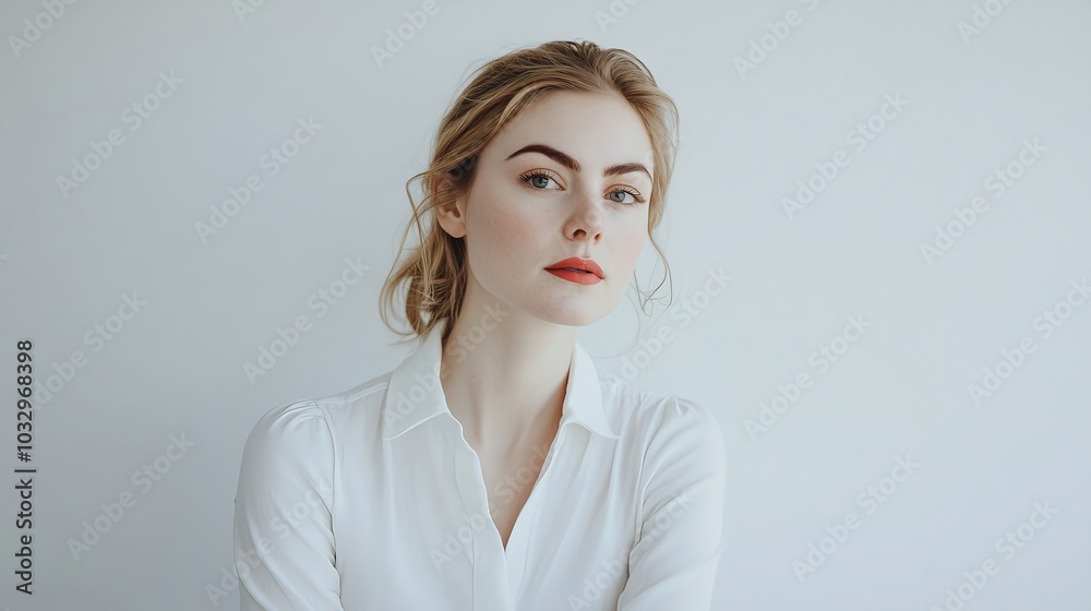White-dressed woman in studio portrait against white background. White-dressed woman in studio portrait against white background.