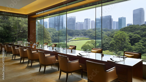 Elegant dining area with a view of a city skyline and lush greenery.