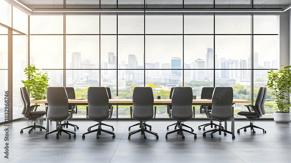 Modern conference room with a city view and green plants.