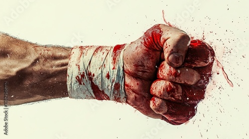 Bleeding bandage, fight club, street fight, violence, bloody theme, white background, boxer, isolated, bloody fists, and bound his hands with a bandage. He also shook his bloody hand in the bandage.