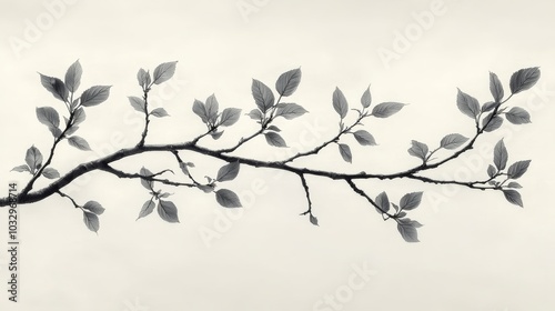 Minimalist black and white branch with leaves, botanical art. Nature and tranquility concept