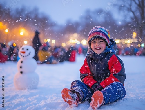 Joyful child playing in the snow, smiling with a snowman in the background.