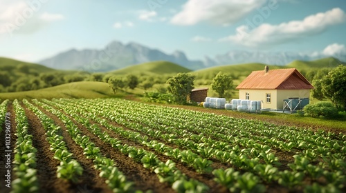 Rural Farmhouse with a Field of Green Crops and a Mountainous Landscape in the Background