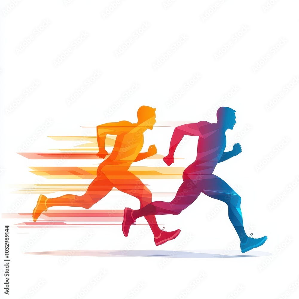 Two dynamic runners in vibrant colors symbolize speed and competition, showcasing the essence of athleticism and movement. Two dynamic runners in vibrant colors symbolize speed and competition, showcasing the essence of athleticism and movement.