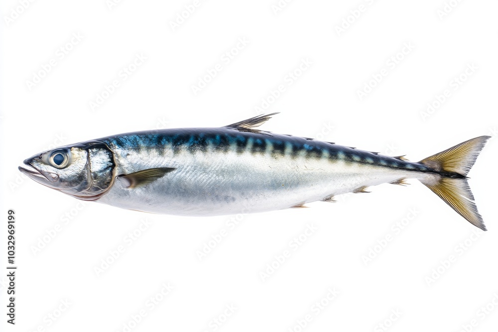 the beside view Pacific Jack Mackerel, left side view, white copy space on right, Isolated on White Background the beside view Pacific Jack Mackerel, left side view, white copy space on right, Isolated on White Background