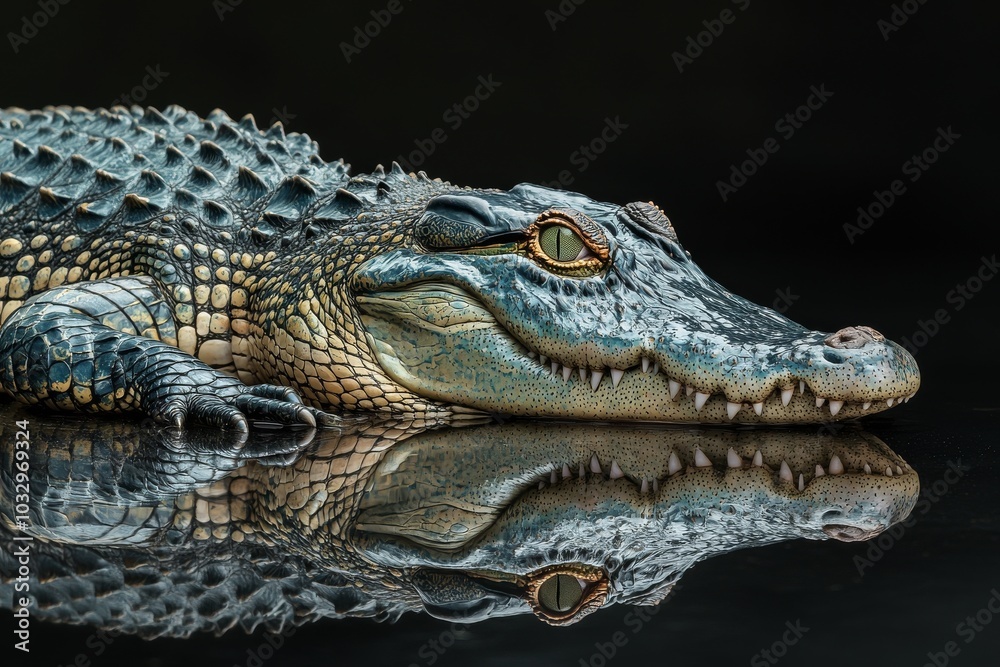 Obraz premium the beside view Saltwater Crocodile, left side view, white copy space on right, Isolated on dark Background
