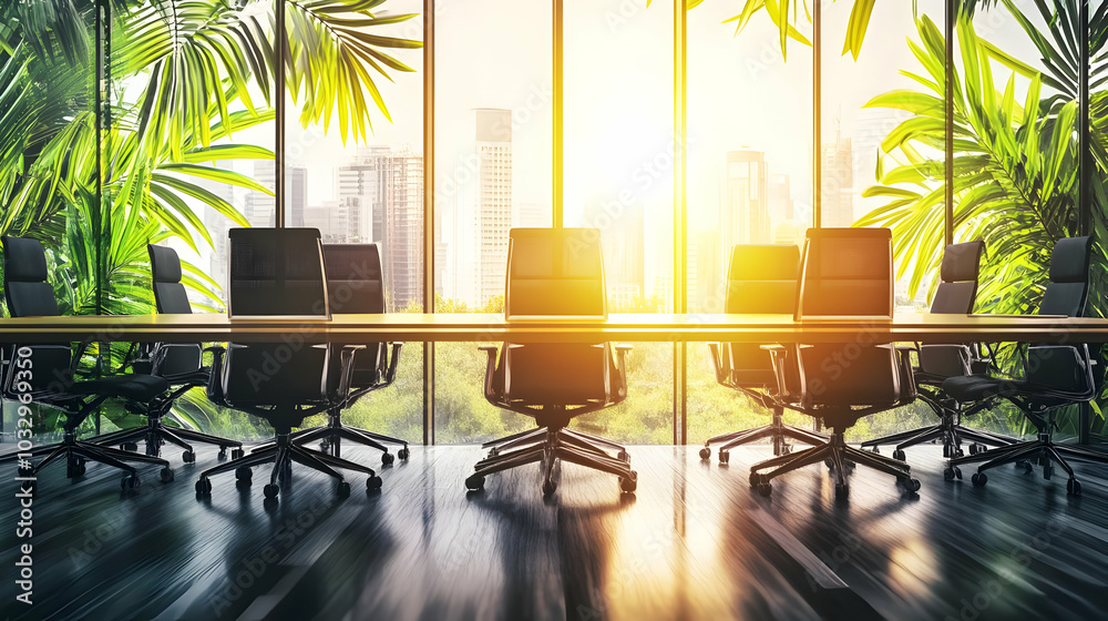 Modern conference room with a view of a city skyline and lush greenery at sunset. Modern conference room with a view of a city skyline and lush greenery at sunset.
