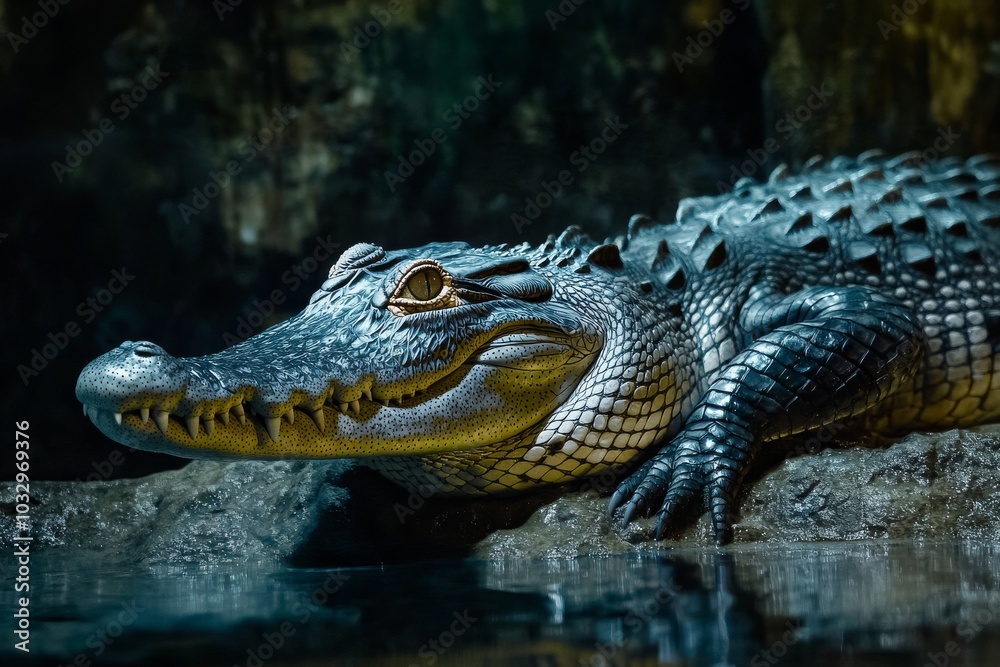 Fototapeta premium the beside view Saltwater Crocodile, left side view, white copy space on right, Isolated on dark Background