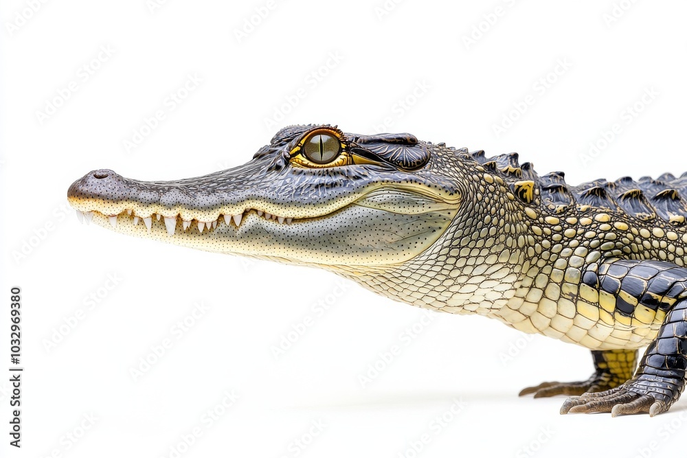 Obraz premium the beside view Saltwater Crocodile, left side view, white copy space on right, Isolated on White Background