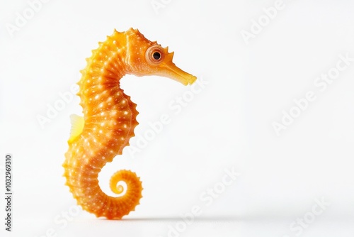 the beside view Pot bellied Seahorse, left side view, white copy space on right, Isolated on White Background