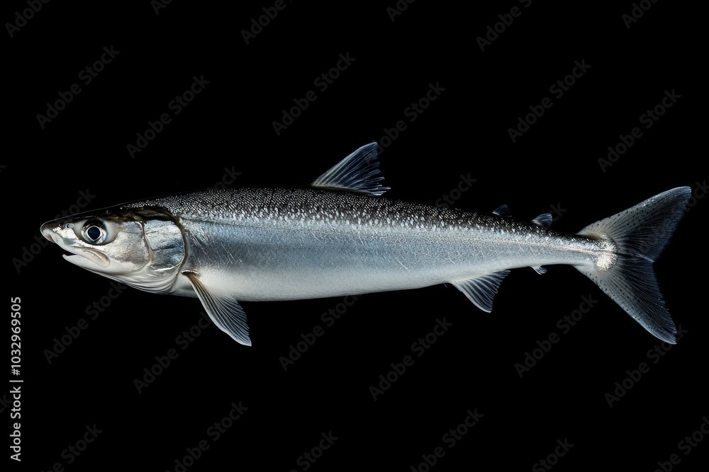 Obraz premium the beside view Shark fish, left side view, white copy space on right, Isolated on dark Background