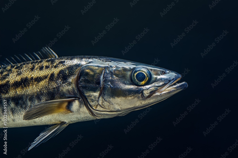 the beside view Spanish Mackerel, left side view, white copy space on right, Isolated on dark Background the beside view Spanish Mackerel, left side view, white copy space on right, Isolated on dark Background
