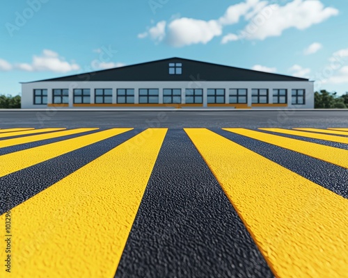 Wallpaper Mural A modern building with a flat roof, set against a blue sky, features bold yellow and black striped pavement in the foreground, creating a striking visual contrast. Torontodigital.ca