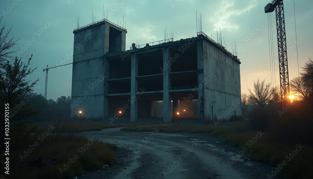 Fototapeta premium Abandoned Building Construction Site at Dusk
