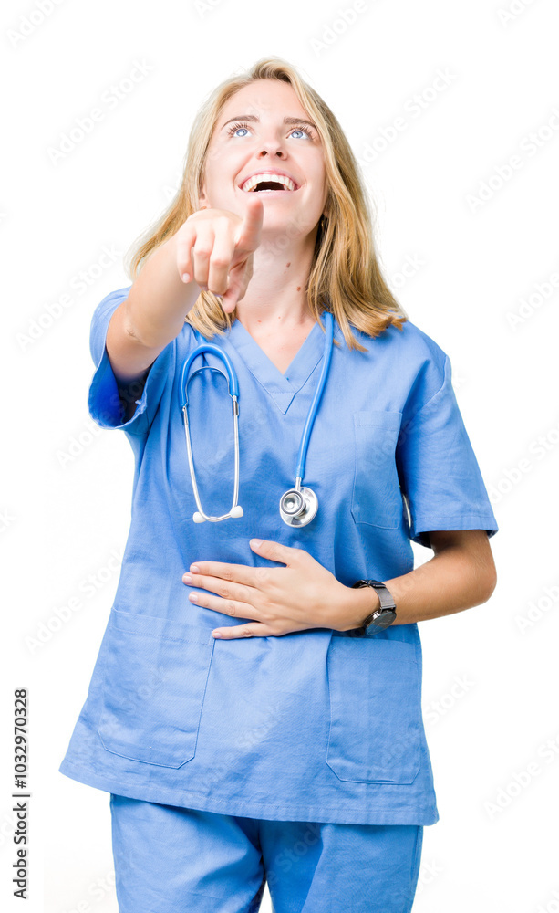 Beautiful young doctor woman wearing medical uniform over isolated background Laughing of you, pointing to the camera with finger hand over chest, shame expression
