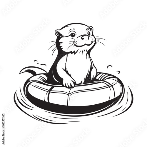 Cute Energetic otter with a raft stock image vector isolated on white background.