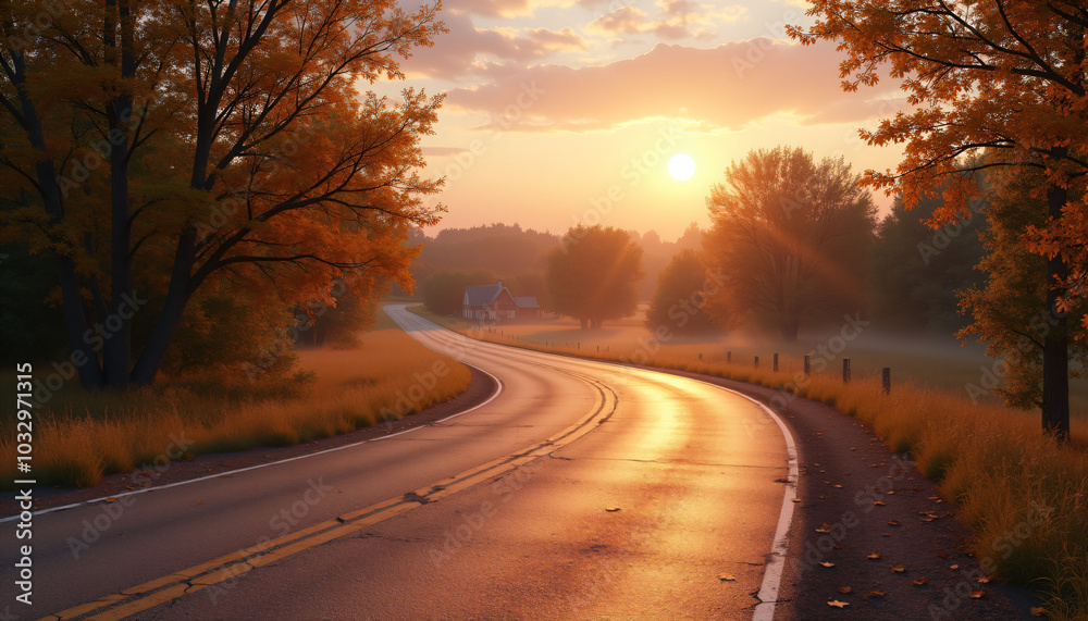 Winding Road Through Countryside at Sunset with Autumn Trees